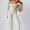 Chunky Knit Bandeau Kick Flare Jumpsuit in Cream