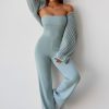 Chunky Knit Bandeau Kick Flare Jumpsuit in Dusty Teal