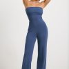 Chunky Knit Bandeau Kick Flare Jumpsuit in Washed Navy