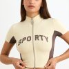 Cotton Jersey Colourblock Zip-Up Crop Top in Bone
