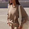 Terry Towelling V-Neck Hoodie in Mocha Brown