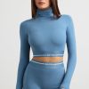Backless Turtleneck Long-Sleeve Crop Top in Steel Blue