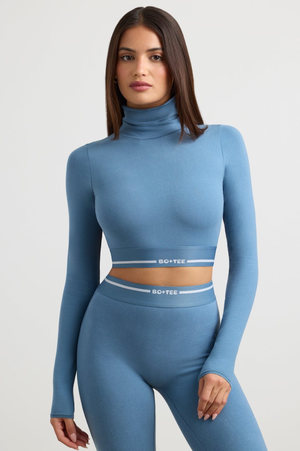 Backless Turtleneck Long-Sleeve Crop Top in Steel Blue
