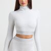 Backless Turtleneck Long-Sleeve Crop Top in Grey Marl