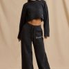 Ribbed Knit Mid-Rise Wide-Leg Joggers in Charcoal Marl