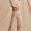 Ribbed Knit Mid-Rise Wide-Leg Joggers in Cream Marl