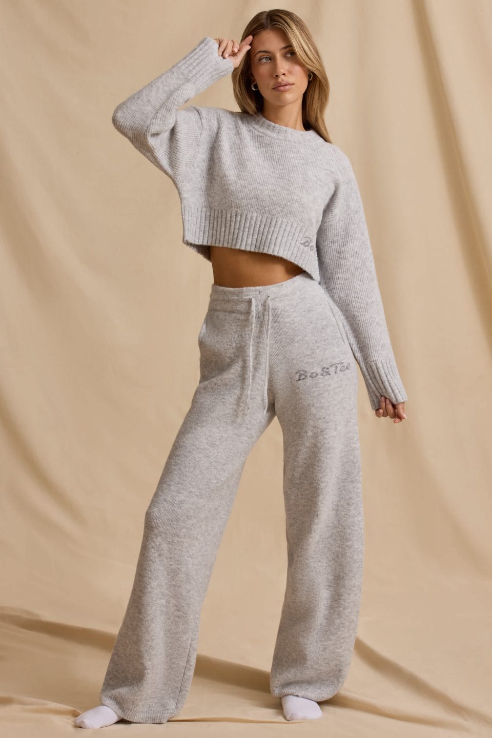 Ribbed Knit Mid-Rise Wide-Leg Joggers in Ice Marl