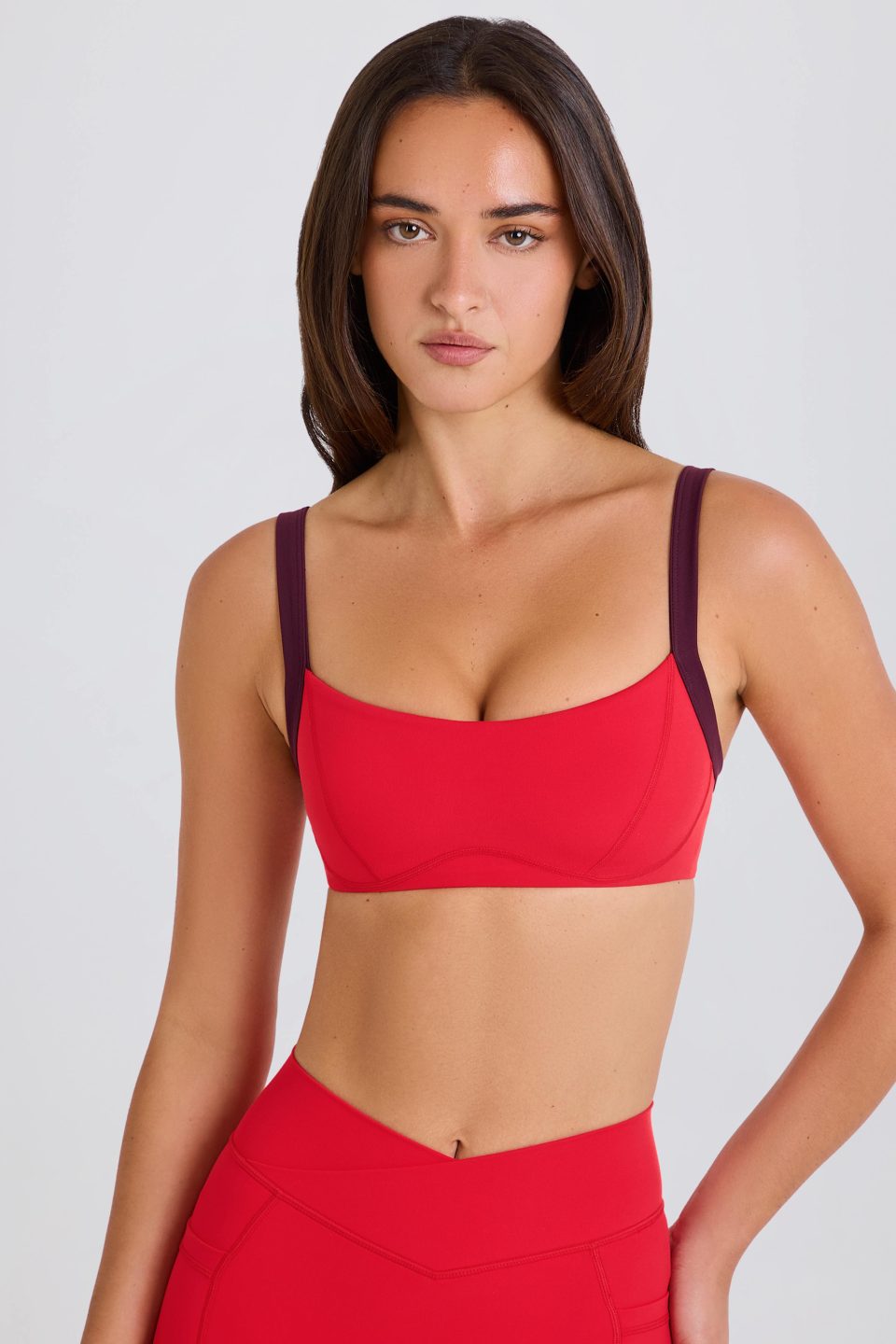 Soft Active Contrast-Trim Sports Bra in Strawberry Red