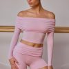 Sheer Off-Shoulder Long-Sleeve Top in Soft Pink