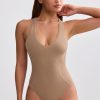 Ribbed Modal V-Neck Bodysuit in Mocha Brown