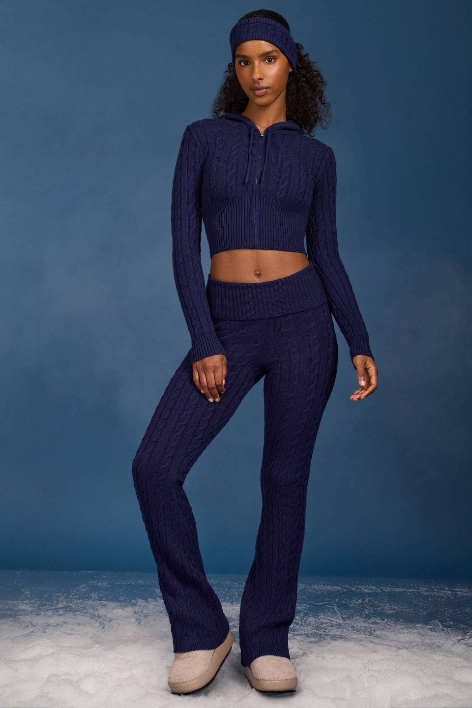 Cable Knit Foldover Flared Trousers in Navy