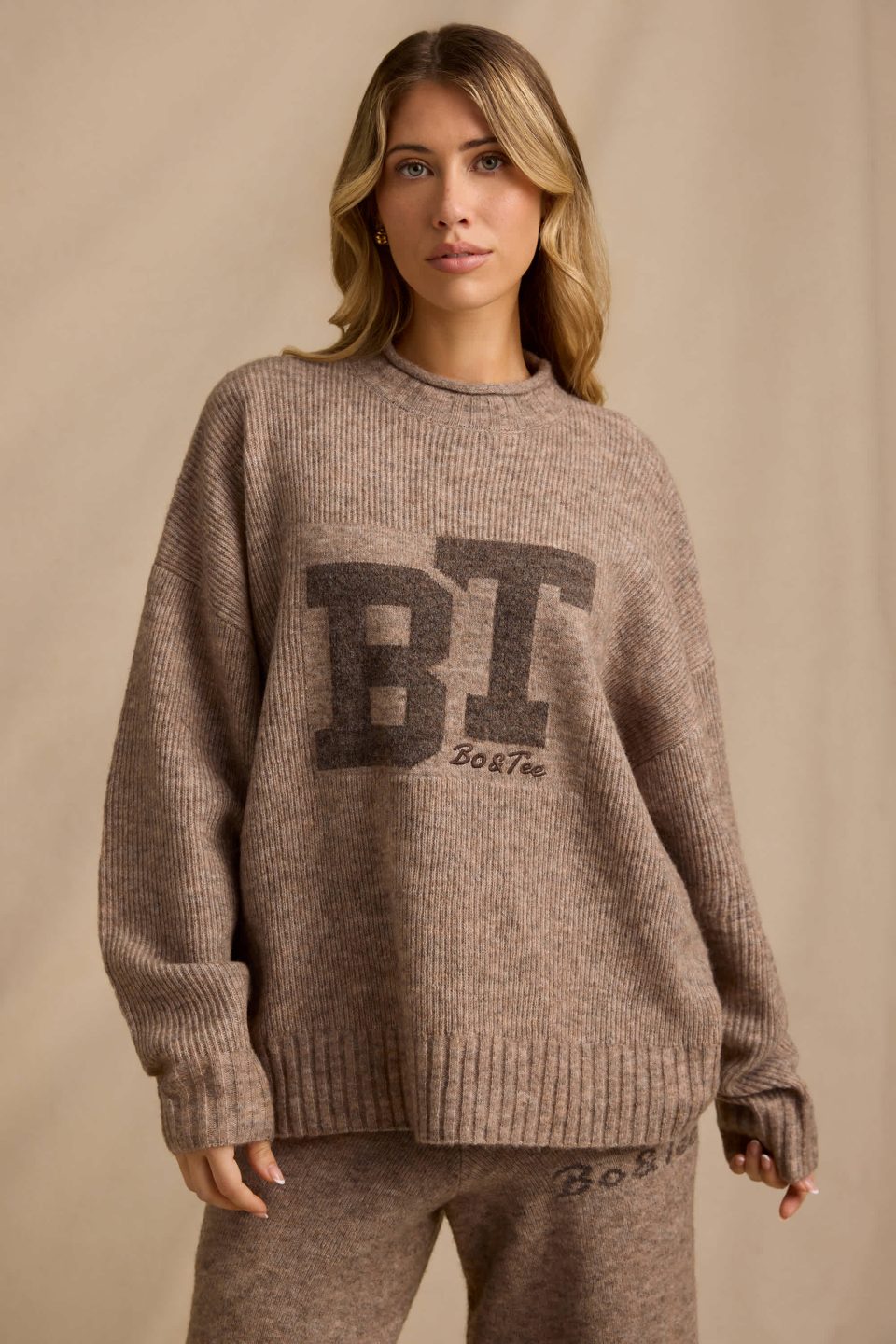 Ribbed Knit Oversized Jumper in Brown Marl