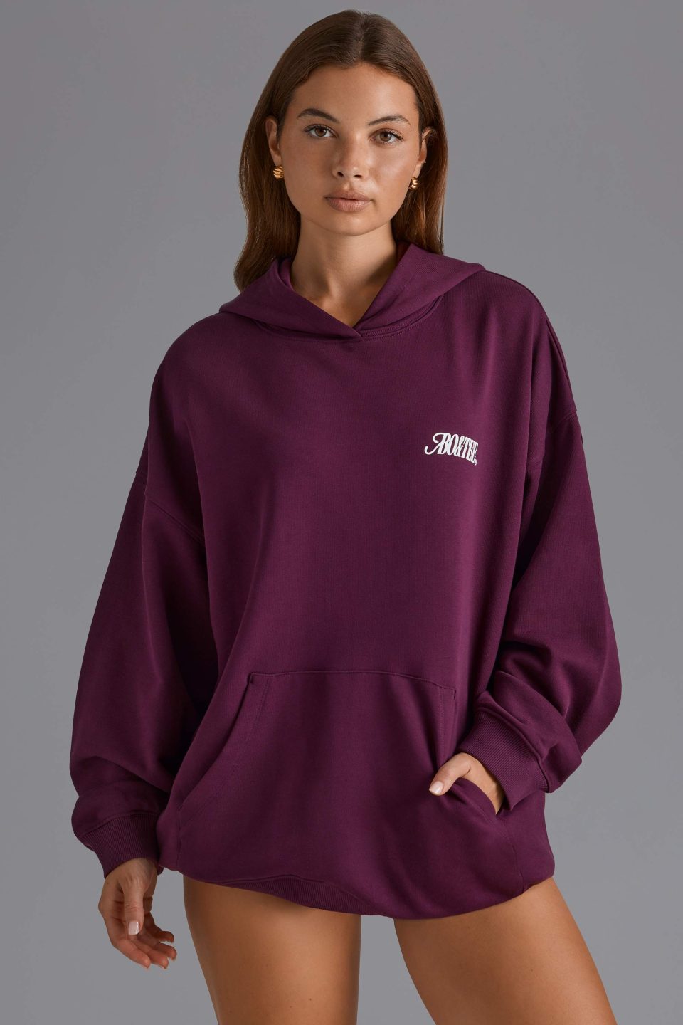 Cotton Fleece Appliqué Oversized Hoodie in Grape