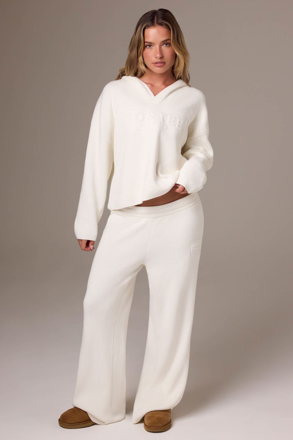 Ribbed Knit Wide-Leg Joggers in Ivory
