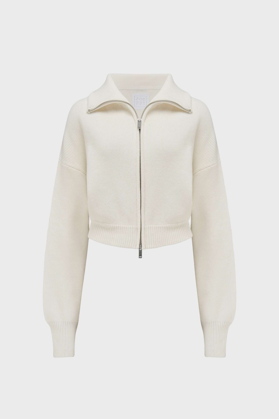Ribbed Knit Zip-Up Cropped Sweatshirt in Ivory