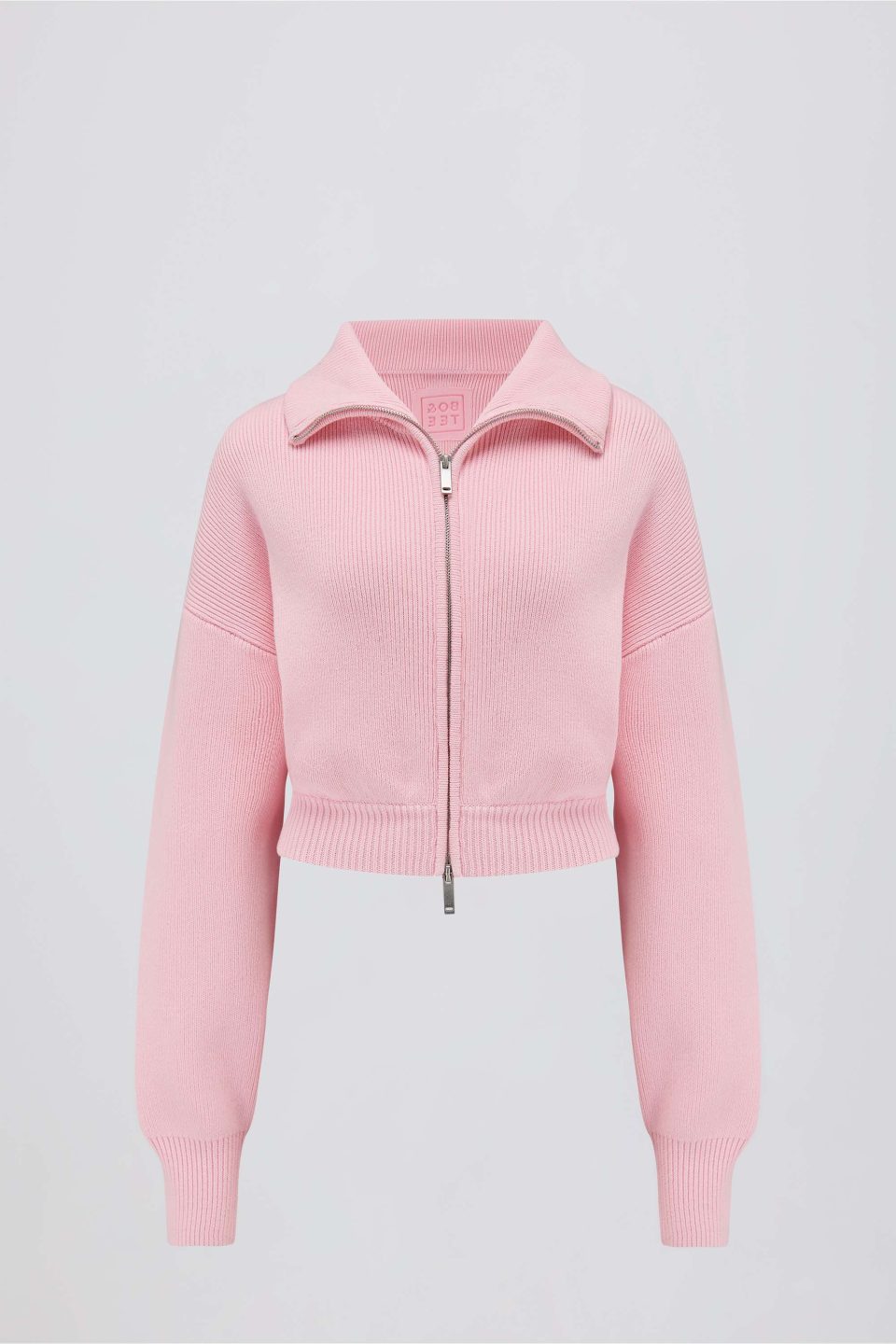 Ribbed Knit Zip-Up Cropped Sweatshirt in Pale Pink