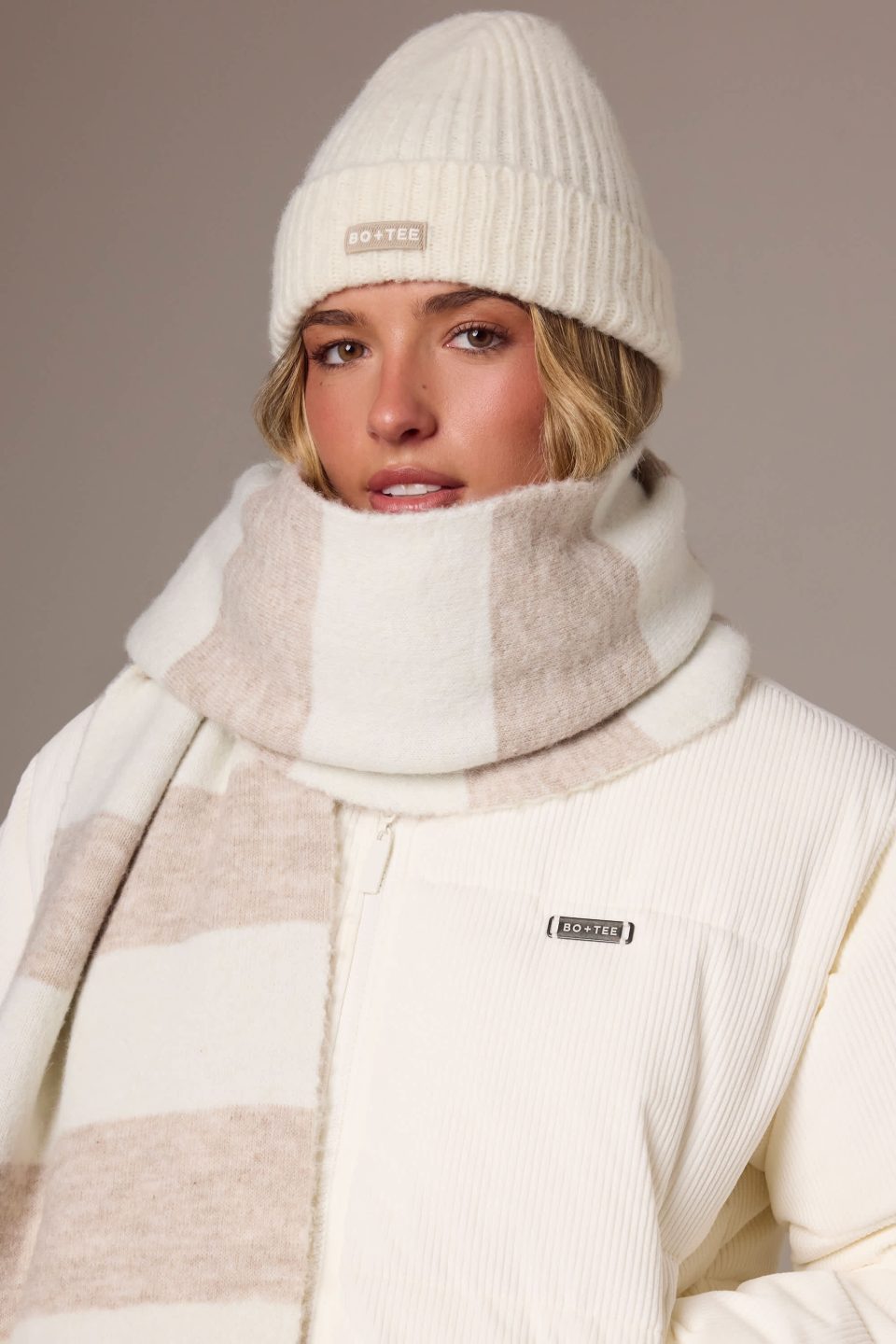 Ribbed Knit Beanie Hat in Ivory