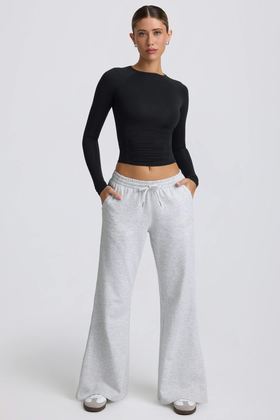 Low-Rise Wide-Leg Joggers in Grey Marl