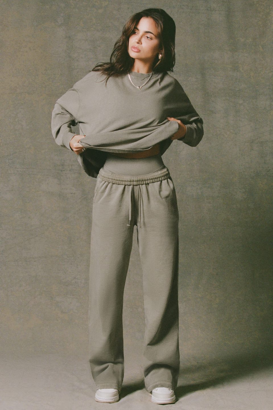 Soft Cotton Mid-Rise Wide-Leg Joggers in Light Green