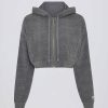 Terry Cotton Zip-Up Cropped Hoodie in Dark Grey
