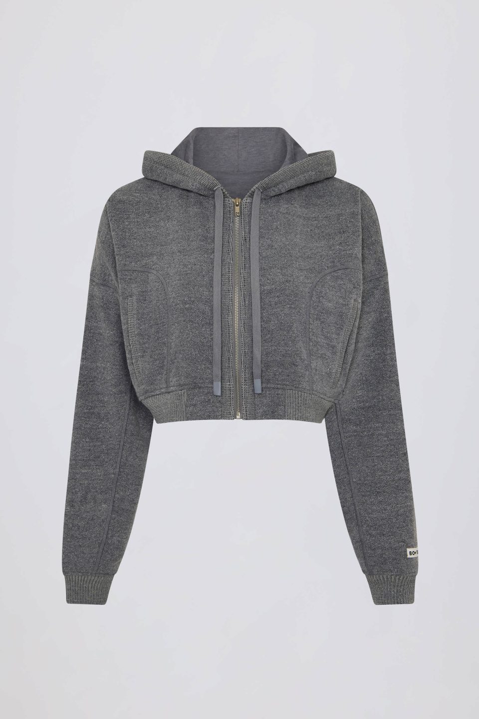 Terry Cotton Zip-Up Cropped Hoodie in Dark Grey