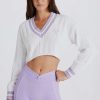Cable Knit Cotton Cropped Jumper in Lilac Ivory