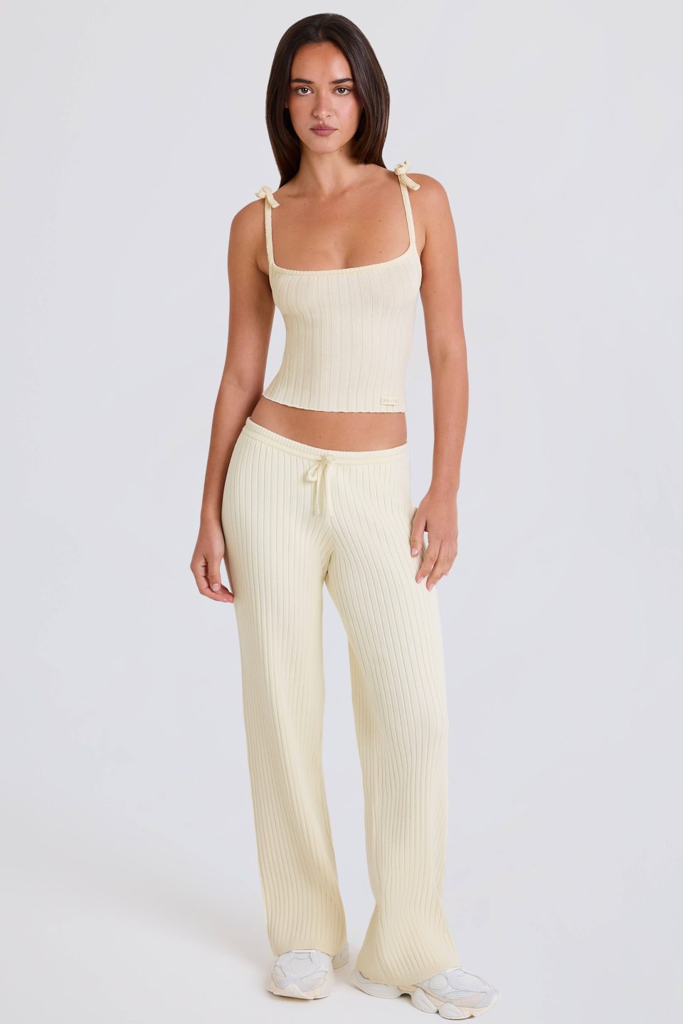 Ribbed Knit Wide-Leg Joggers in Cream