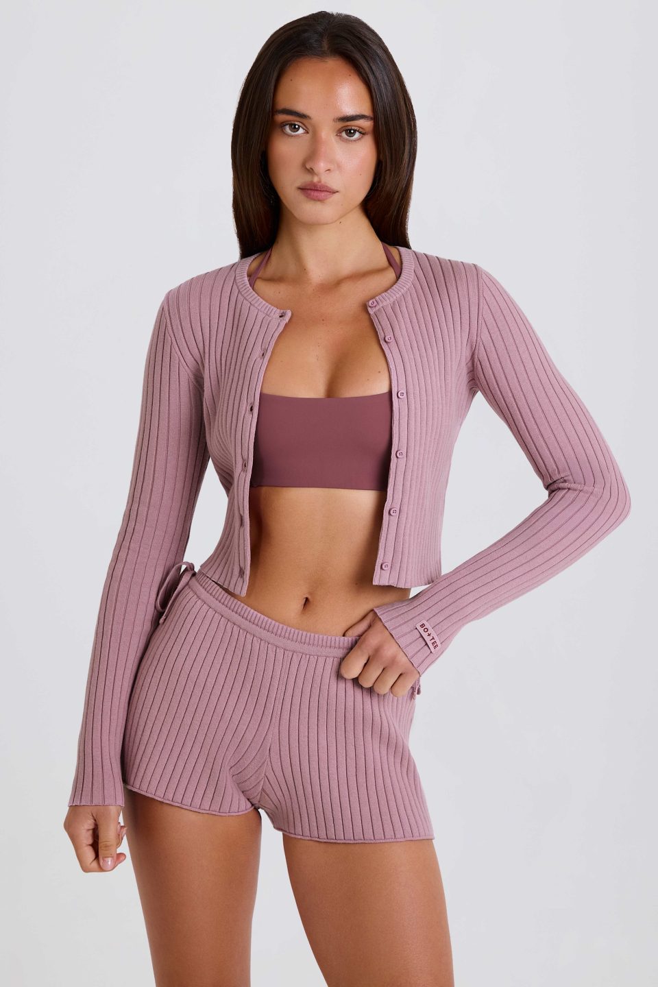 Ribbed Knit Button Cardigan in Mauve