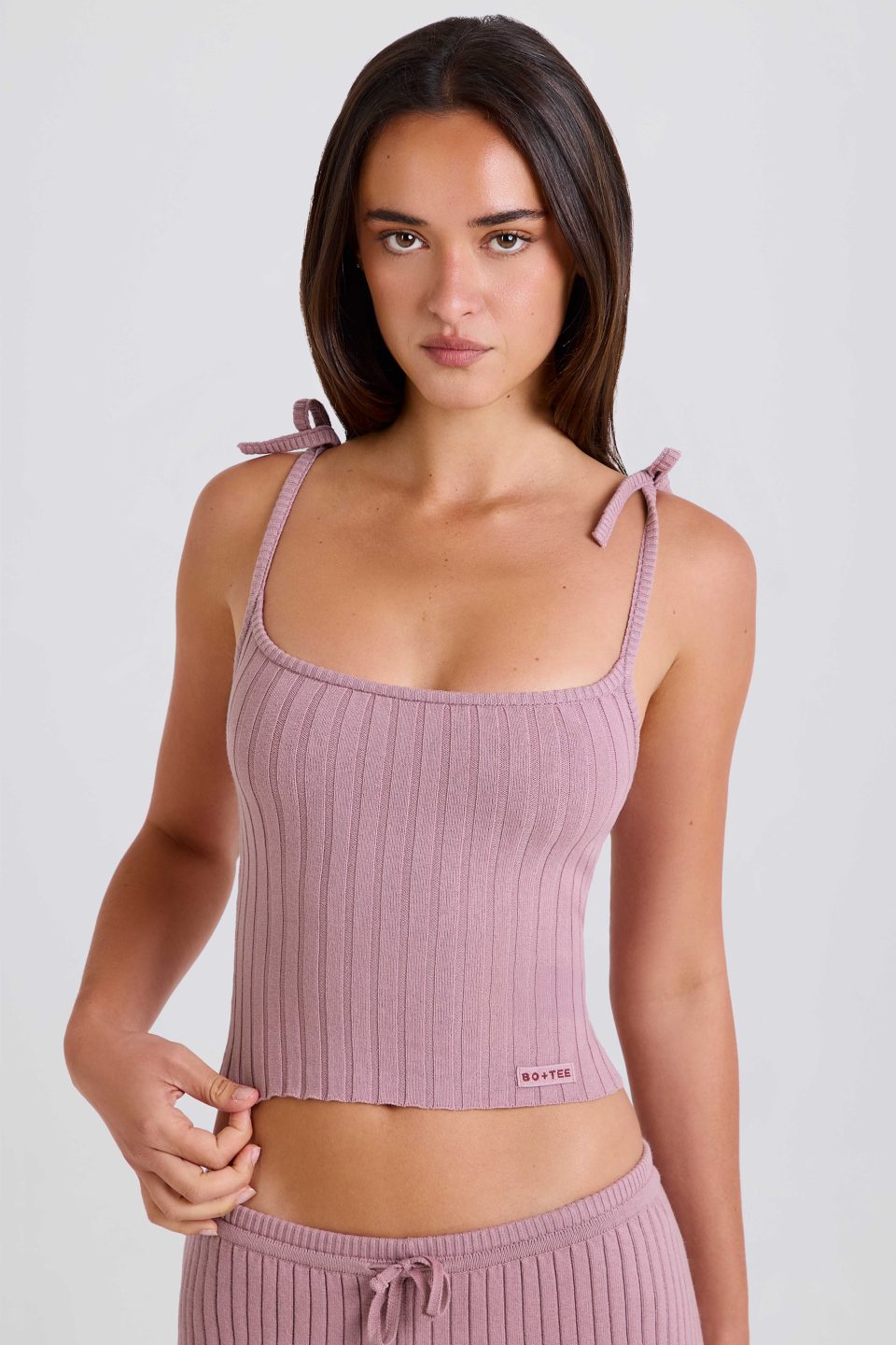 Ribbed Knit Tie Tank Top in Mauve