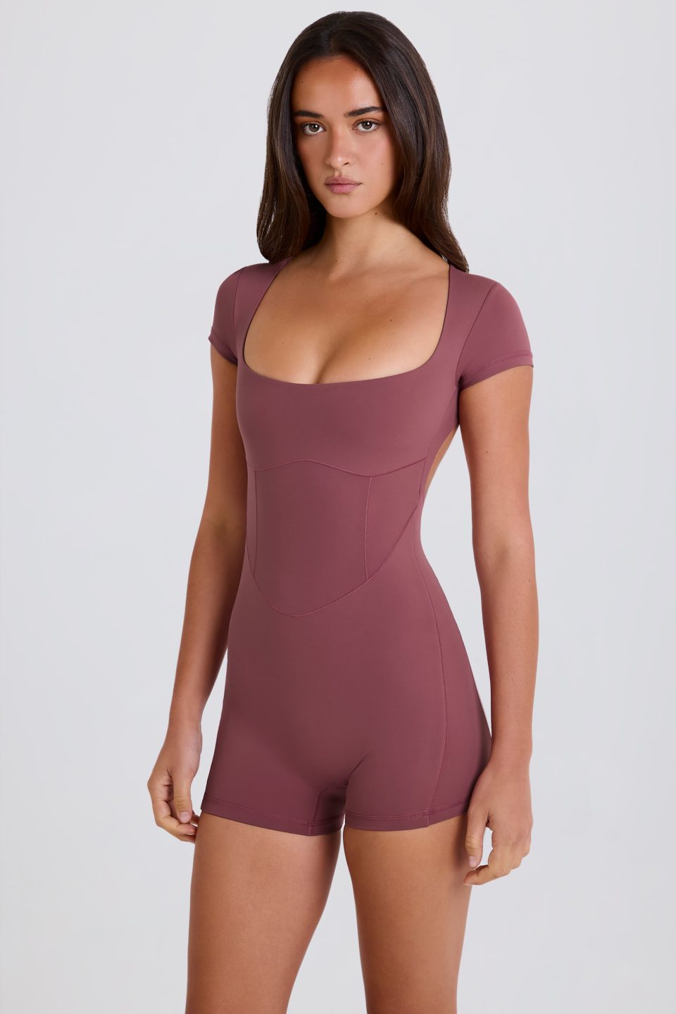 Four-Way Stretch Open-Back Unitard in Acai