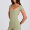 Four-Way Stretch Open-Back Unitard in Matcha
