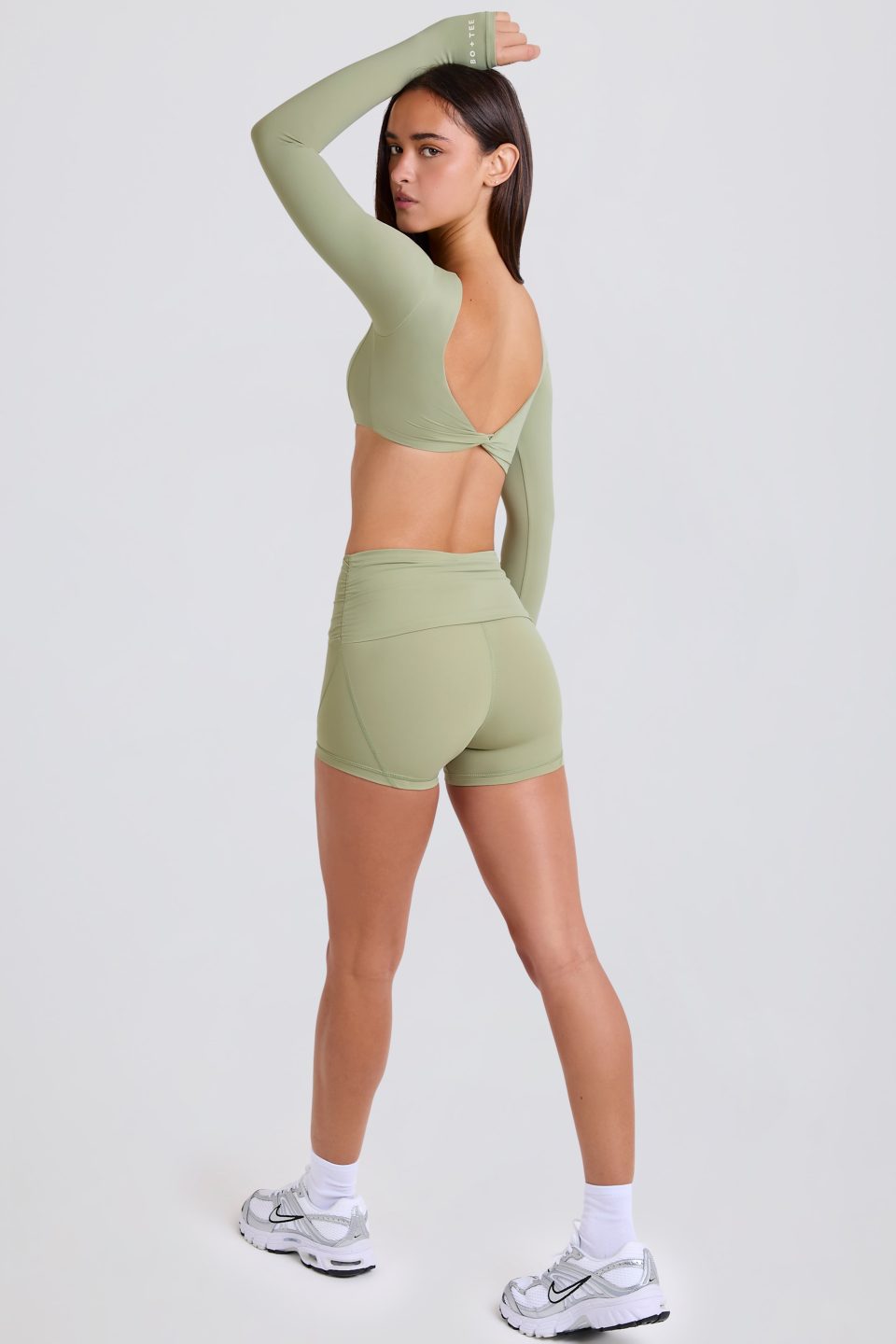 Four-Way Stretch Foldover Mid-Rise Mini Shorts in Matcha