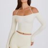 Soft Jersey Off-Shoulder Halterneck Longline Top in Cream