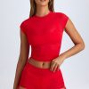 Sheer Ruched Cropped T-Shirt in Fiery Red