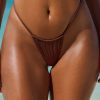Embellished Drawstring Thong Bikini Bottoms in Chocolate Brown