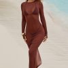 Sheer Open-Back Maxi Dress in Chocolate Brown