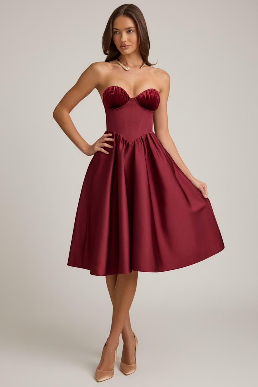 Strapless Corset Midi Dress in Wine Red