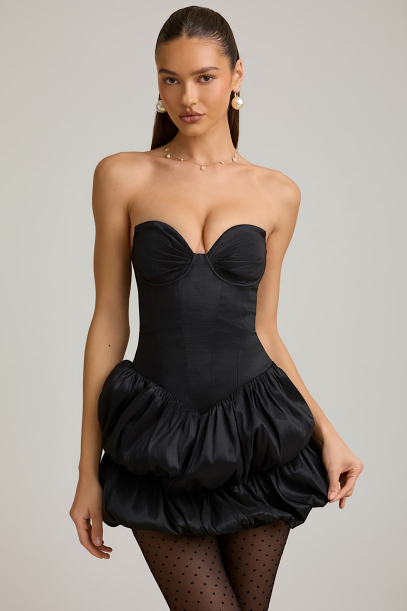 Layered Bubble Hem Corset Mini Dress in Black