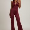 Scarf-Detail Halterneck Jumpsuit in Wine Red